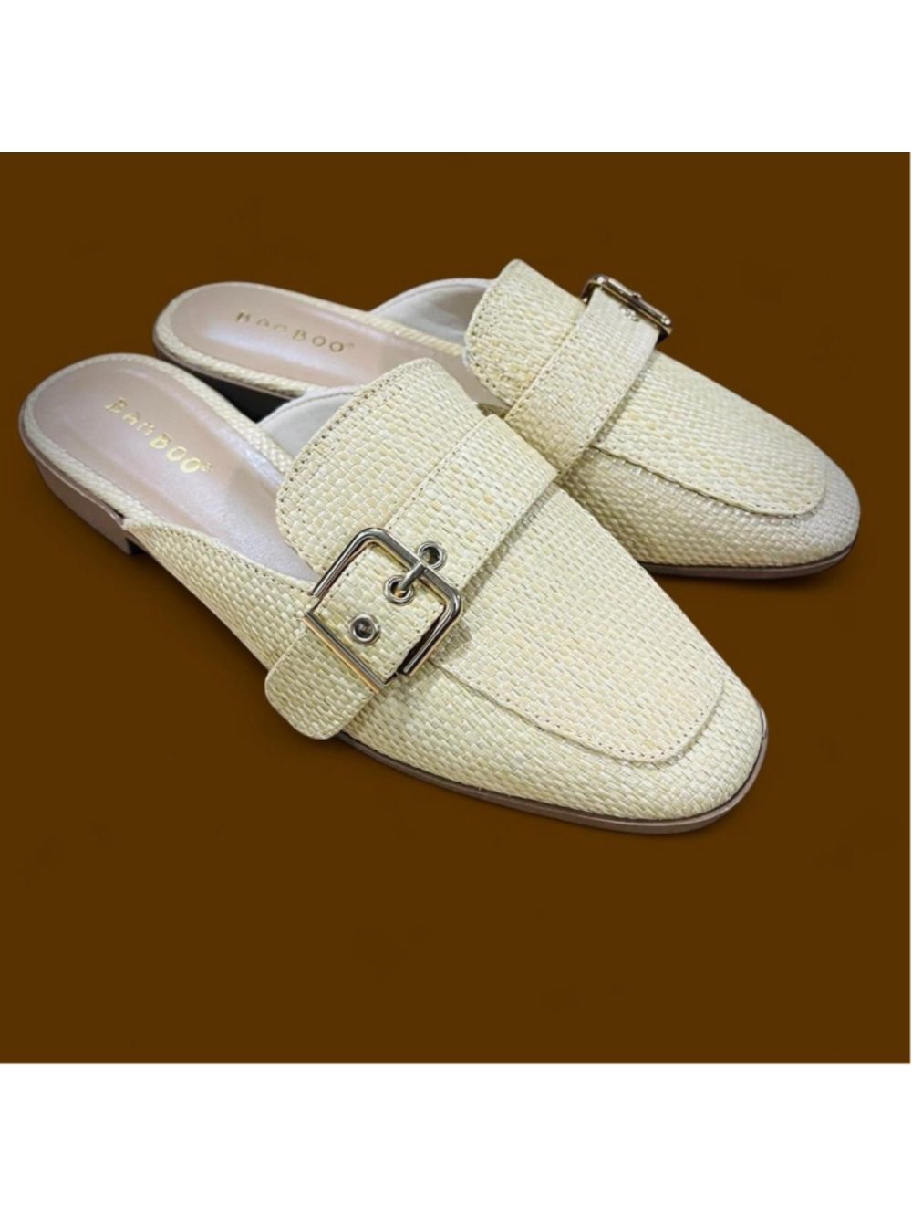 Bamboo Raffia Woven Mule Loafers Women 7 Cream Gold Buckle Slip On NEW